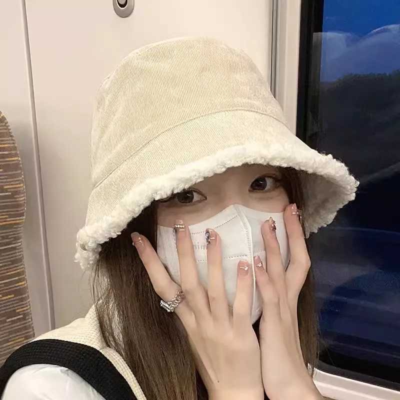Warm Panama hat fluffy ladies coral fleece Ramsworth outdoor fisherman hat warm girls bilateral bucket hat X241023