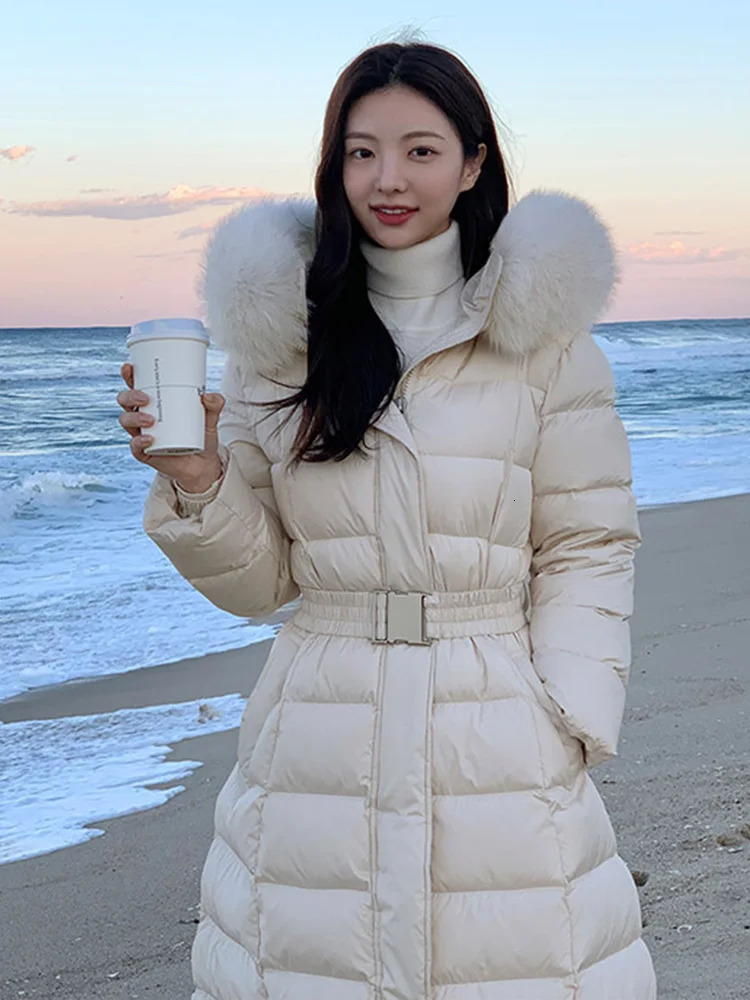 Hooded Winter Womens Big True Fox Fur Collar Duck Down Coat Womens Loose Hooded Warm Buffer Jacket T162 241023