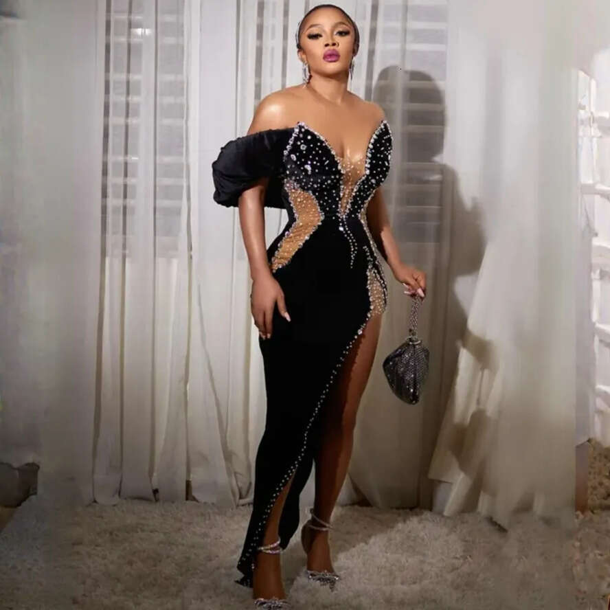 Mermaid Asymmetrical Aso Ebi Prom Dresses One Shoulder Sleeves Front Split Black Sexy Gala Sparkg Dress Event Dance Evening Gowns Short