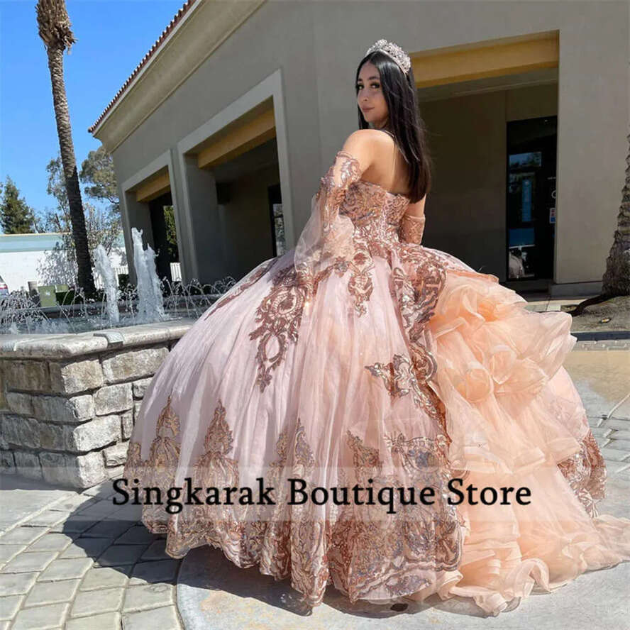 Glitter Pink Princess Quinceanera Dresses Bell Gloves Rose Gold Sequins Appliques Sweet 15Th Prom Party Vestidos Ruffles