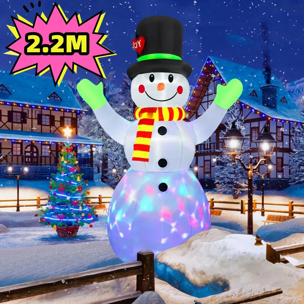 2.2M/7-foot Christmas inflatable green gloves snowman outdoor model with built-in rotating LED lights for indoor and outdoor Christmas decoration 2410