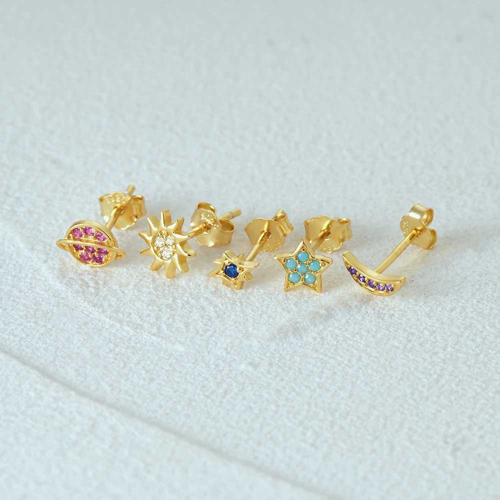 CANNER 925 Sterling Silver 5pcs Star Moon Color Zircon Planet Set Stud Earrings For Women Ins Earrings Fine Jewelry Party GiftX241023