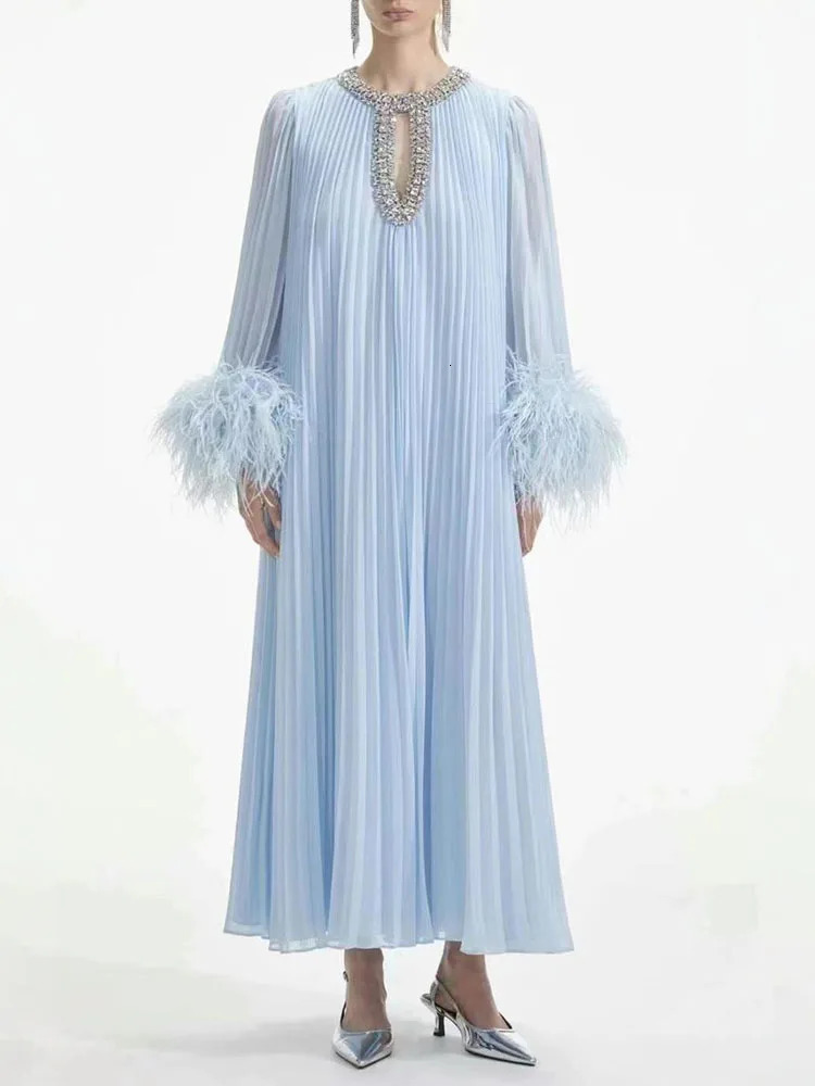 IEQJ pleated feather diamond patchwork womens long sleeved loose elegant dress clothing 36A2956 241024
