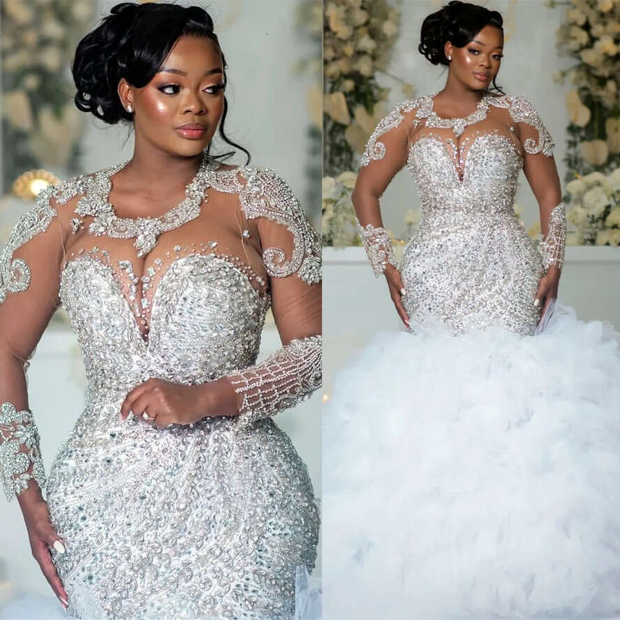 2024 Arabic Aso Ebi Plus Size Off White Mermaid Wedding Dresses Urious Lace Rhies Full Sleeves Tiers Vintage Bridal Gowns Dress