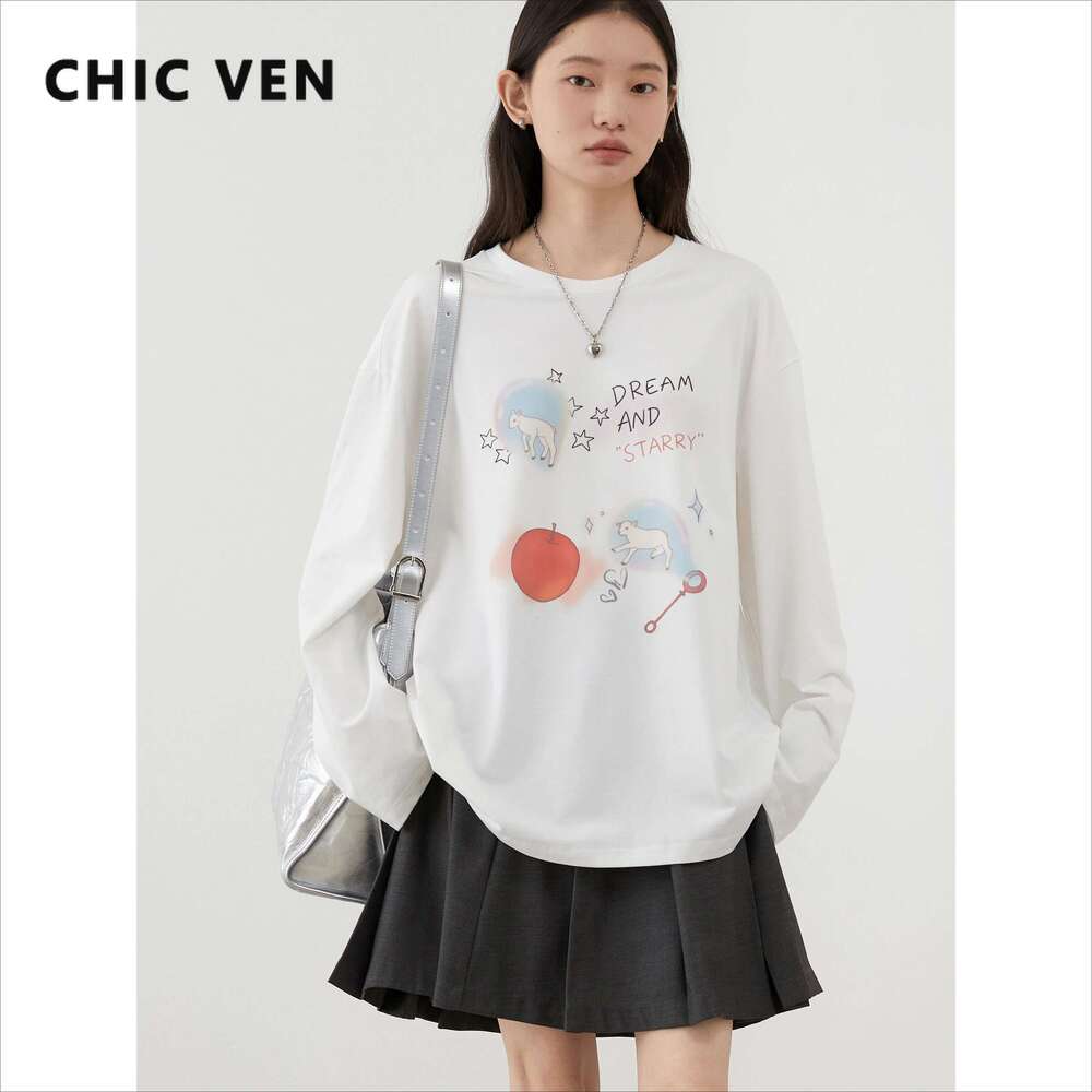 CHIC VEN Women T-Shirts Loose Long Sleeve Cartoon Design Round Neck Lamb Print Female Tees Woman Top Spring Autumn 2024