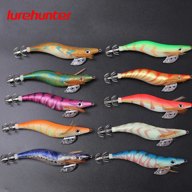 10PCS with Shrimp Bag 3D Printing 25 30 35 Hook Luminous Squid Jig Fishing Wood Lure Cuttlefish Jigs Lures 241024