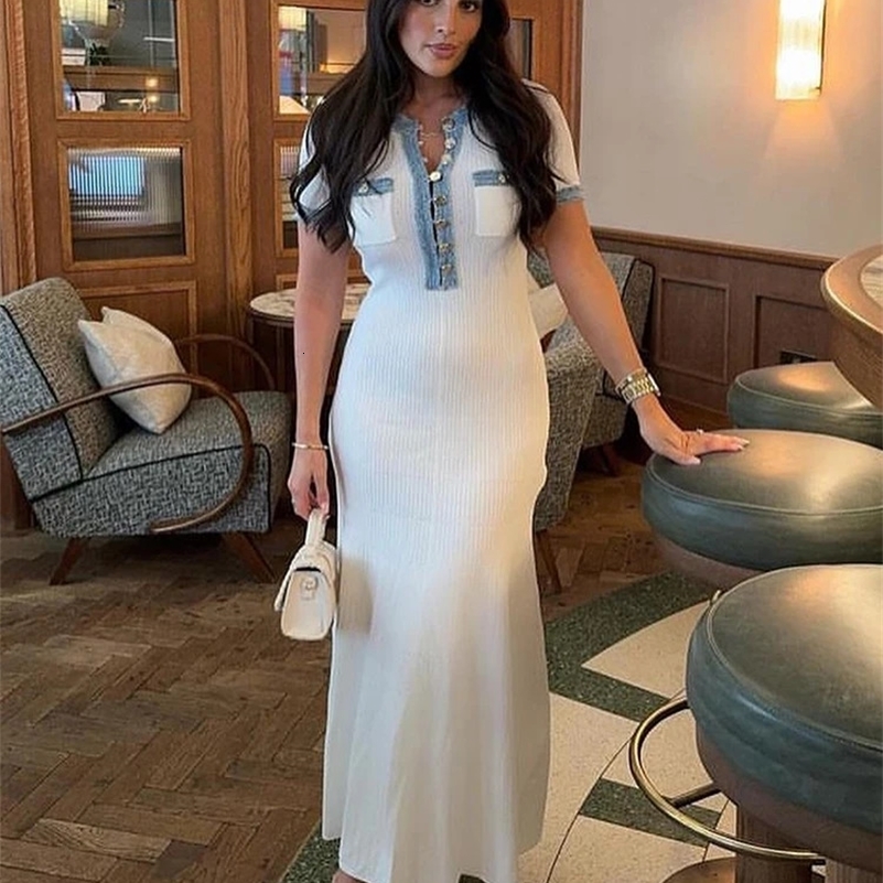 Elegant V Neck Denim Patchwork Knitted Long Dres Fashion Short Sleeved Buttons Bodycon Dresses Office Lady Pockets Robes 241007