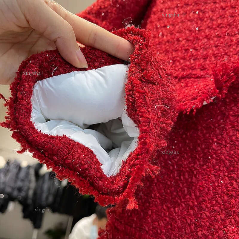 Womens Jackets Winter Warm Padding White Duck Down Liner Korean Tweed Jacket Women Elegant O Neck Long Sleeve Quilted Coat Vintage Outerwear 221007