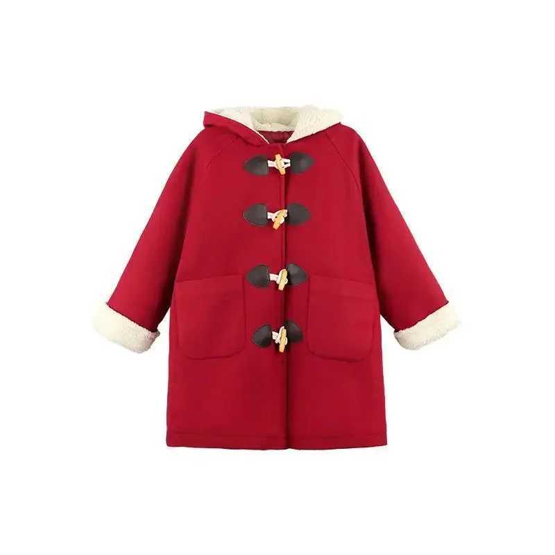 Horn button jacket winter new childrens wool jacket baby girl apron warm and comfortable W241023