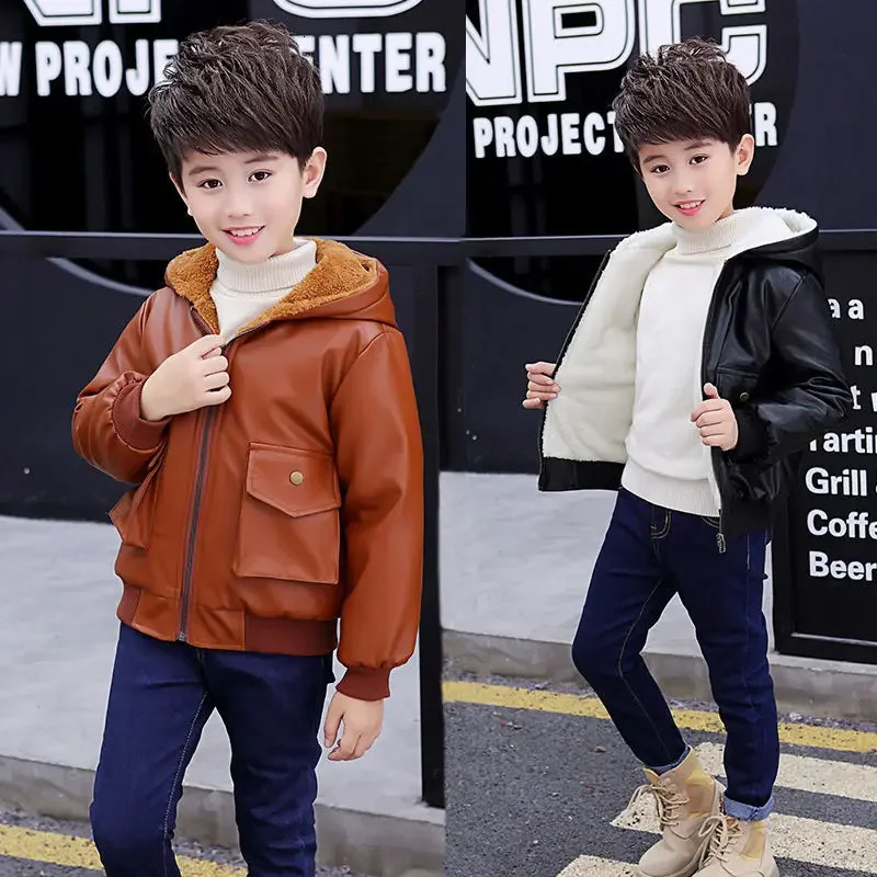 6 9 10 12 year old children boys and girls hooded fur zipper bicycle leather jacket winter warm wool jacket childrens jacket 241023
