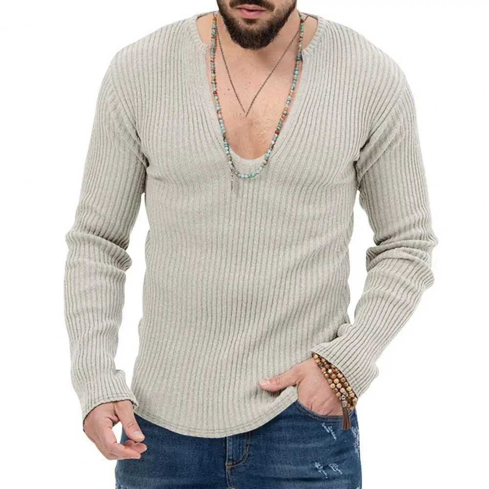 Men Long Sleeve Sweater Men Cotton Blend Sweater Mens Deep V Neck Knit Sweater with Ribbed Long Sleeves Slim Fit Solid for Fall LX241024