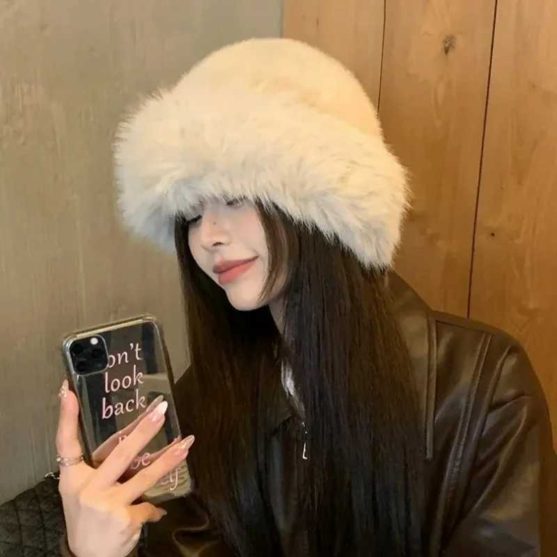 Fluffy bucket hat Mongolian hat Winter fluffy fur thick fishermans hat earmuffs windproof and warm Panama hat X241023
