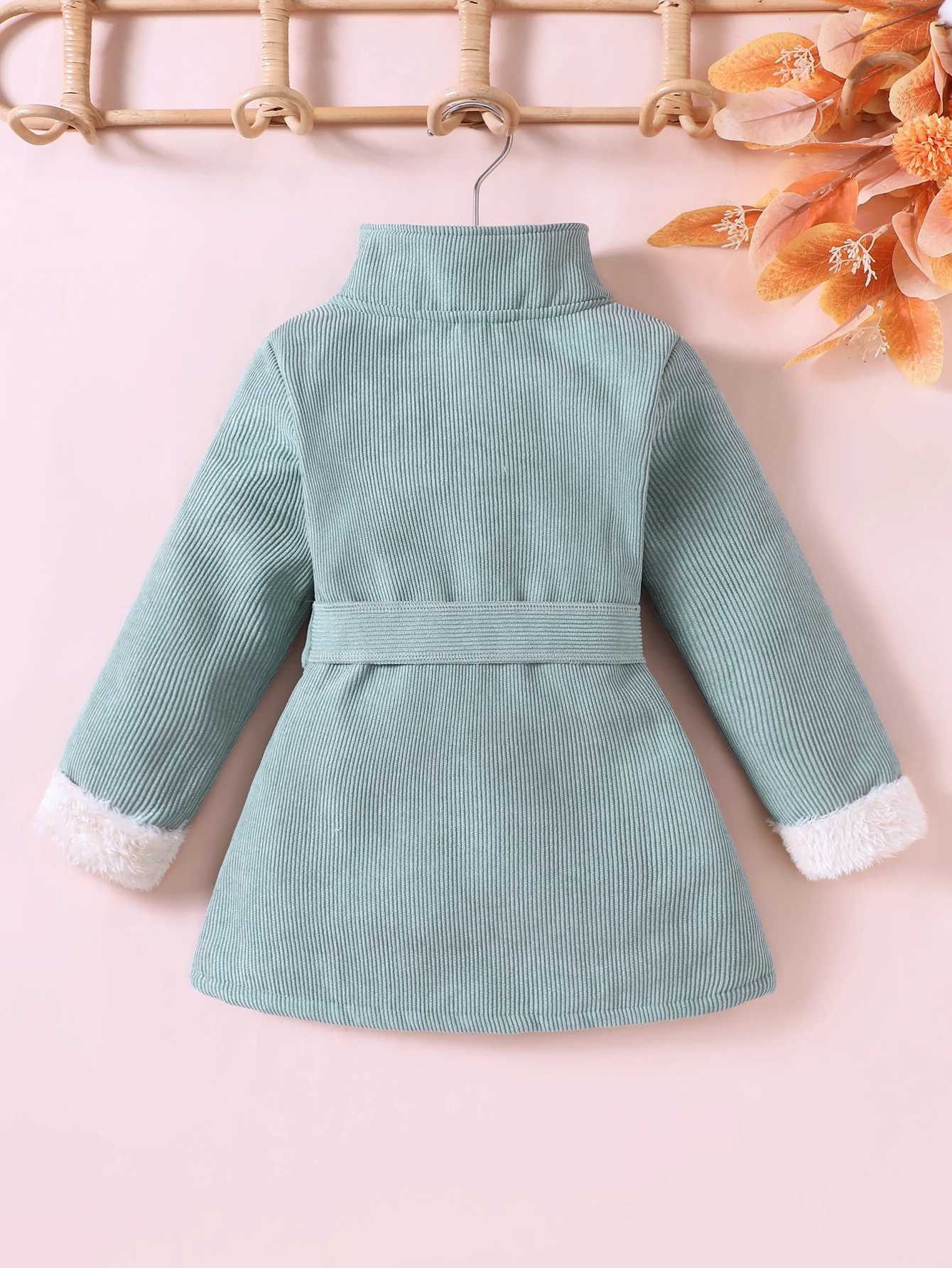 New Sled Girl Autumn Solid Color Medium High Collar Plush Sleeve Trench Coat Suitable for Small and Medium sized Children W241023