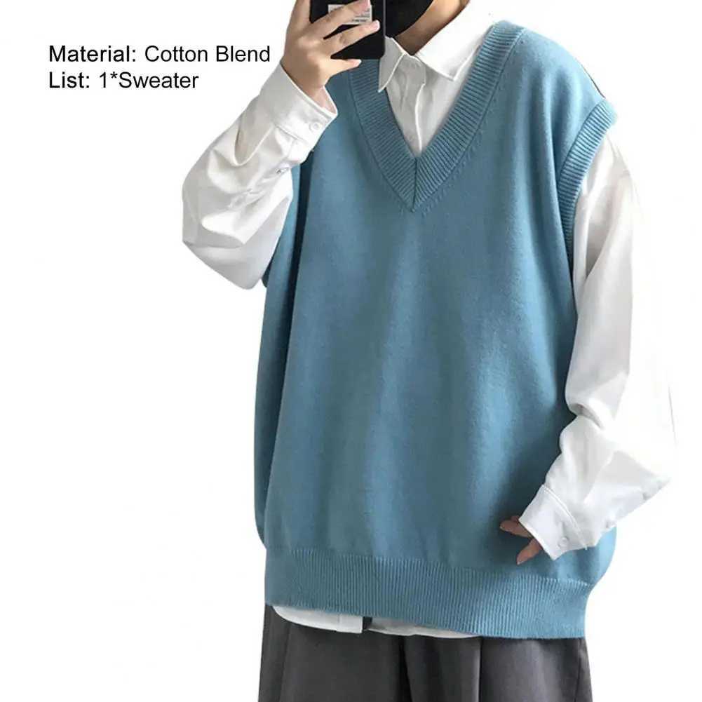 Men Sweater Vest V Neck Solid Color Sleeveless All Match Spring Sweater for School Male Pullovers Mens Clothing Streetwear LX241024