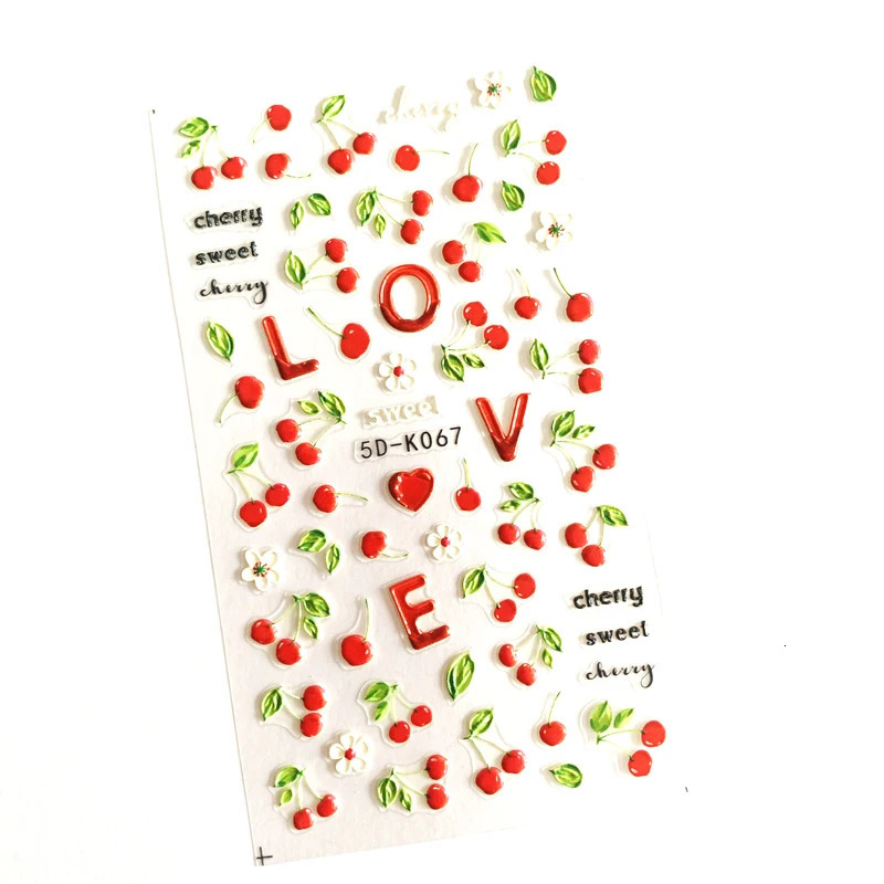 10 5D embossed lip flower butterfly nail stickers with cherry strawberry self-adhesive nail decoration 241024