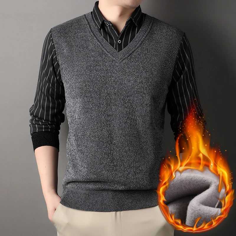 Male FLeece Pullover Mens Collar Sweater Autumn Winter Knitwear Stripe Sweaters Thick Warm KhAKi Korean Clothing LX241024