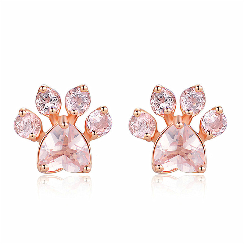 Creative cat paw footprints 925 sterling silver zircon earrings rose gold diamond Stud classic four-claw shiny crystal Stud earrings exquisite gift