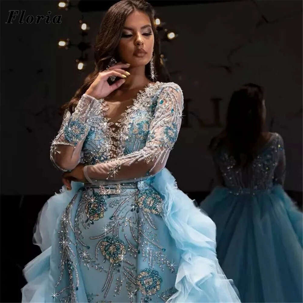 ria Arabic African Blue Beaded Evening Dresses Vestidos Two Pieces Rhie Red Carpet Pageant Dress Party Gowns For Prom