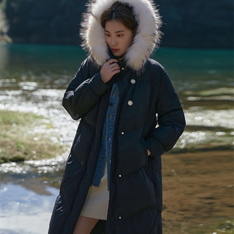 DUSHU Womens Raccoon Fur Collar Medium length Down Jacket Olive Green Niche Style Warm Jacket Womens Black Long Jacket 241023