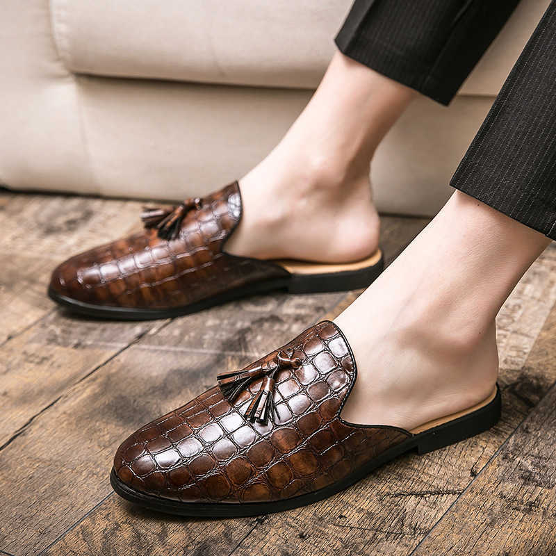 Men Dress Shoes New British Half Slippers Feet Tassel Small Leather Shoes Crocodile Pattern Trendy Casual Shoes 241009