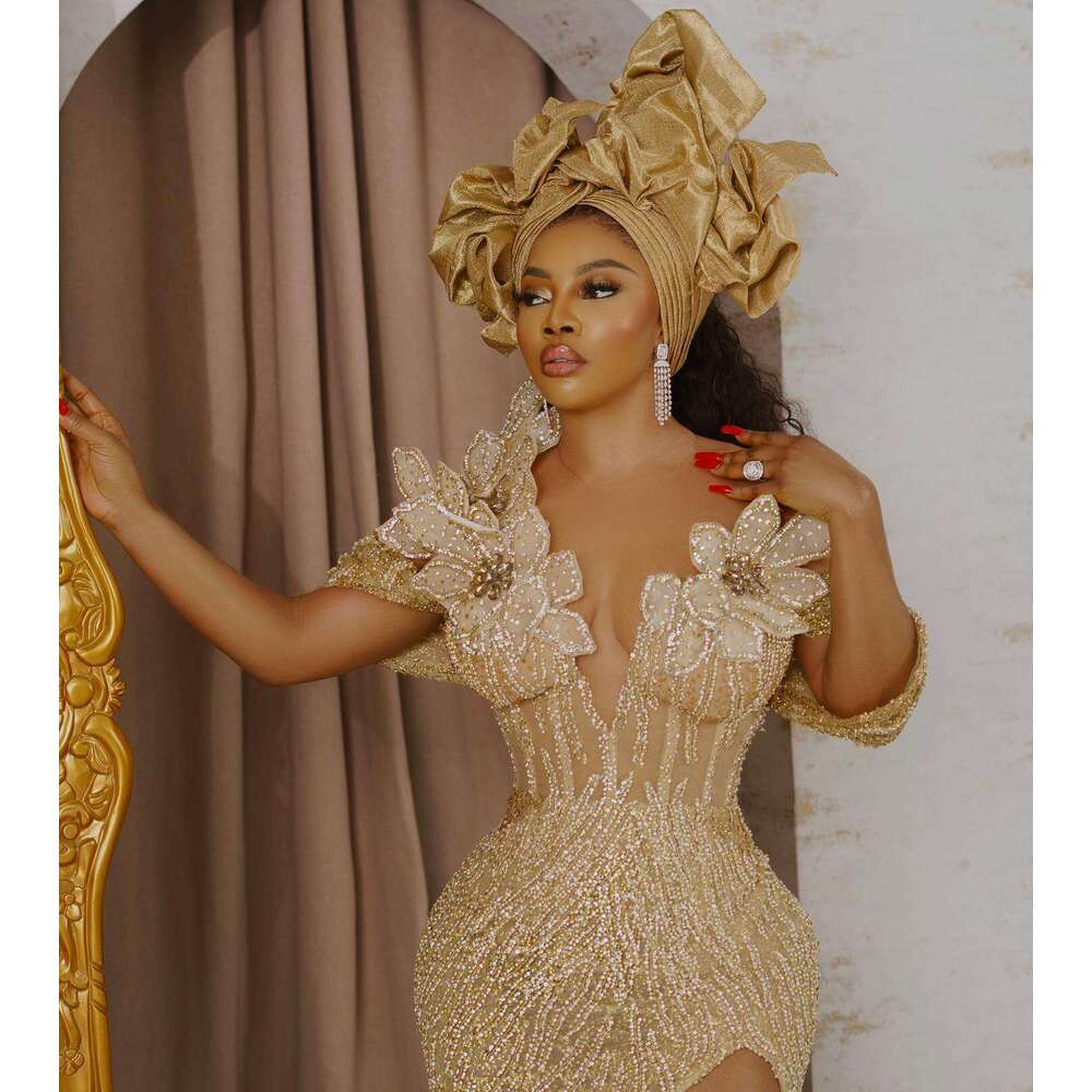 Sparkg Gold Lace Beaded African Prom Dresses with Detachable Train Handmade 3D wer Nigerian Wedding Reception Dress Dinner