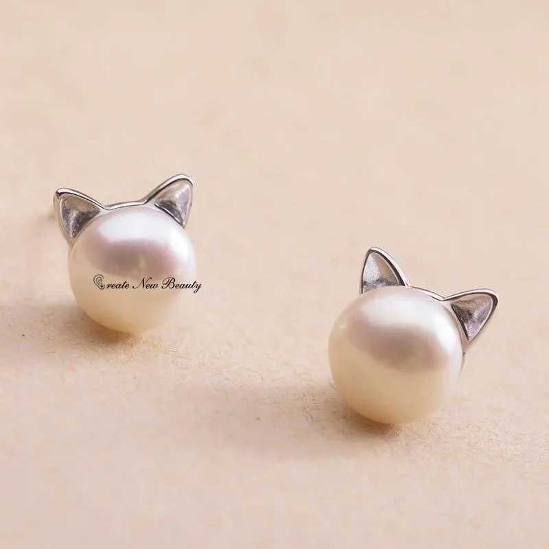 Cute Cat Earrings Korean Style Luxury Jewelry Pearled Earring Creative Simple Craft 925 Sterling Silver Sweet Stud EarringsX241023