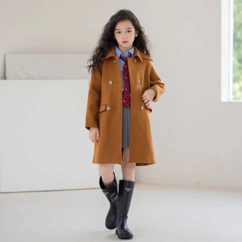 Teen girl wool jacket medium length caramel color casual and fashionable childrens jacket autumn and winter college chiffon childrens jacket W241023