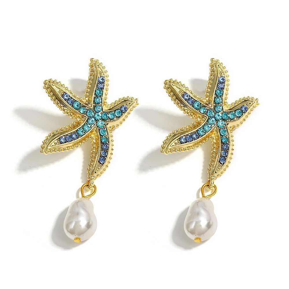 Bohemian Starfish Earrings Pearl Blue Rhinestone Pendant Earrings Suitable for Women Starfish Jewelry Summer Holiday Beach Gifts W241023