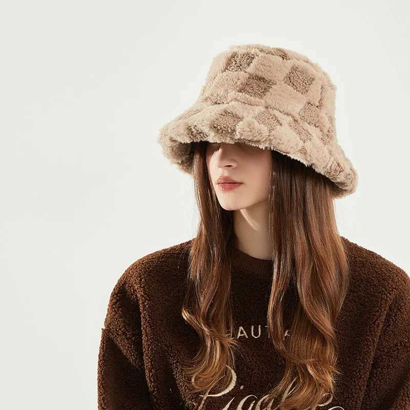 Cashmere plaid fisherman hat thick and warm windproof basin hat with a small bucket hat on the face X241023