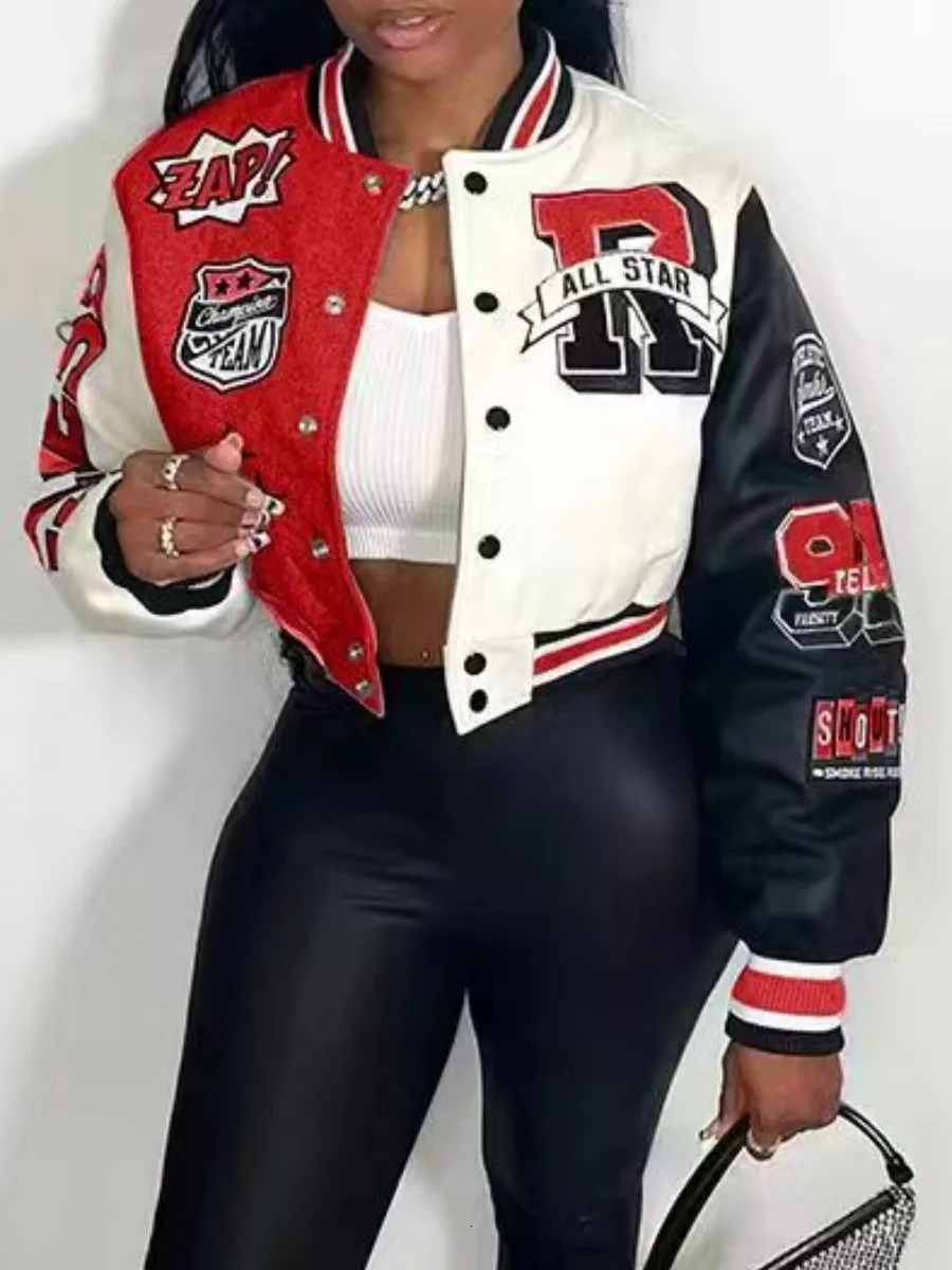 LW baseball collar printing university jacket decal casual patch button color block autumn winter womens coat 241024