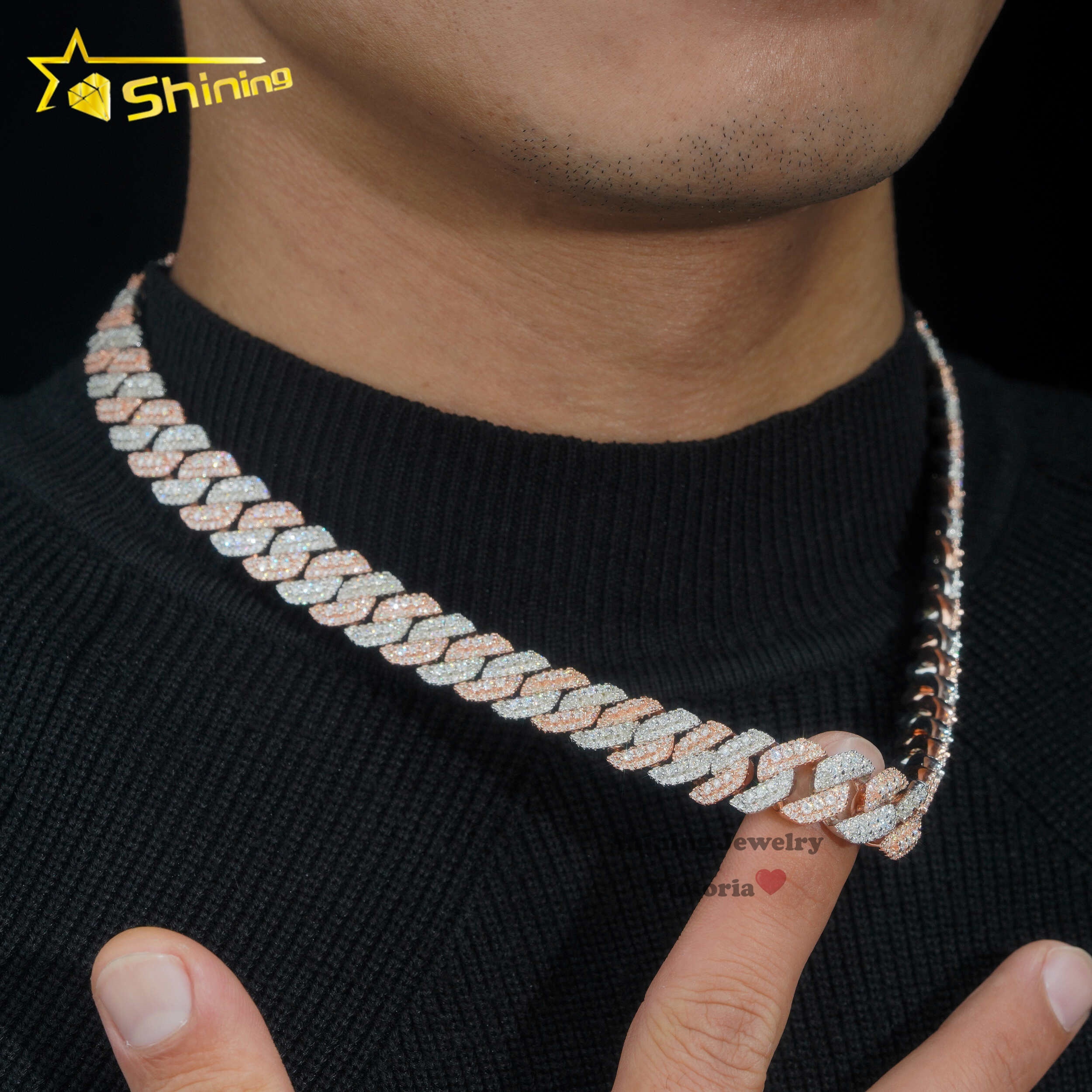 Designer Rose gold plated two tone iced out 13mm sterg sier pass dia tester hip hop jewelry vvs moissanite cuban k chain
