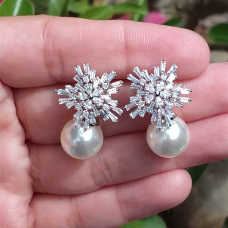 Luxury Cute Austrian Cubic Zirconia Stud Earrings For Women Wedding Fashion Imitation Pearl Snow Flower Bridal Girl Jewelry GiftX241023