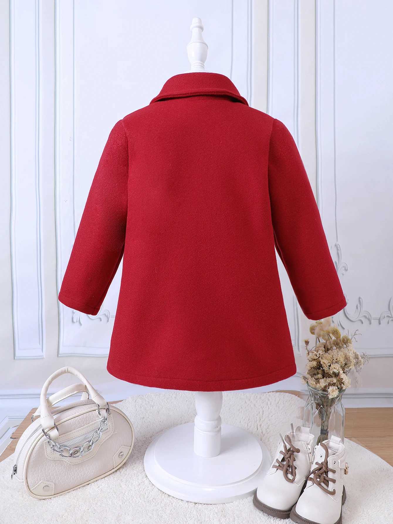 Girls autumn and winter new retro romantic pure red wool collar long jacket W241023