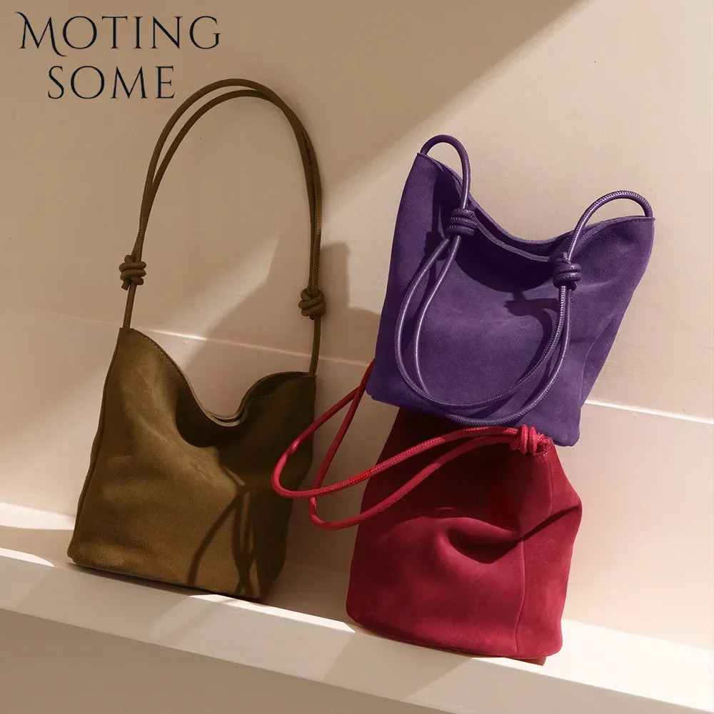 Motingsome Suede Leather Handbag Women Mini Bucket Tote Strings Shoulder Vintage Bags Winter Daily Commuting Purses 241021