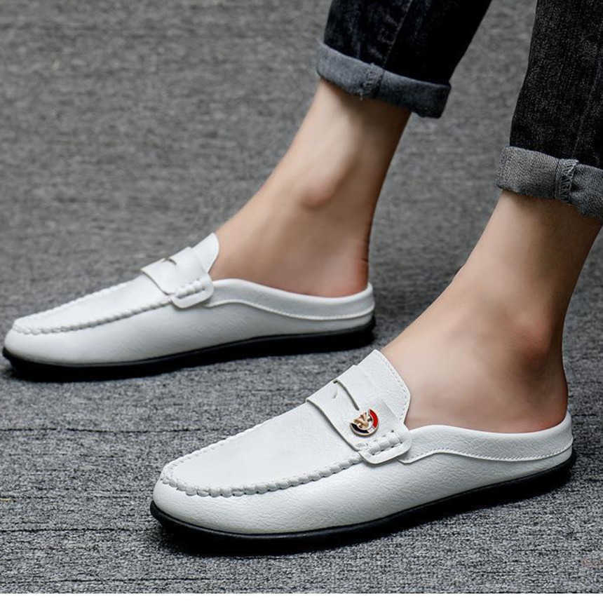 Men Dress Shoes Bean Shoes Mens New Style Mens Half Slippers For Outdoor Wear Summer Breathable Lazy Shoes One Foot No Heel Leather Shoes 241009
