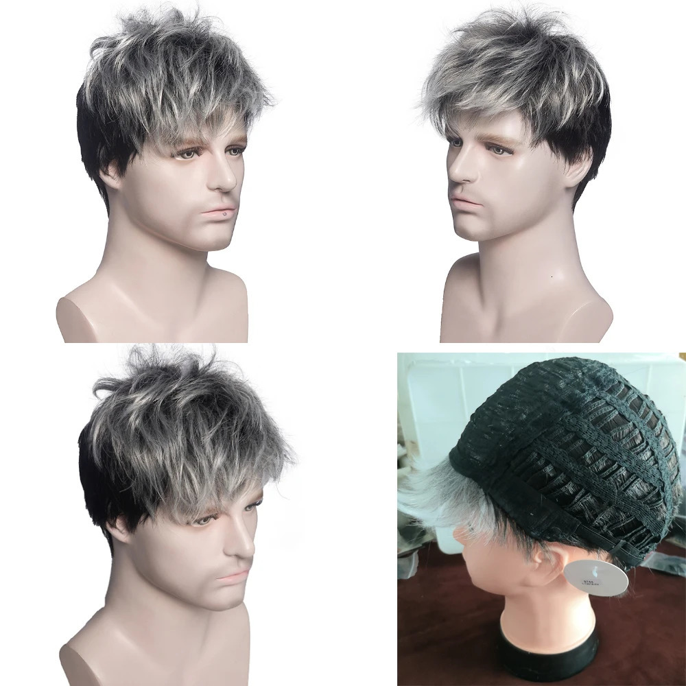 MSIWIGS Men Short Straight Wig Ombre Grey Brown Synthetic Wig White for Male Hair Fleeciness Realistic Natural Headgear 241024