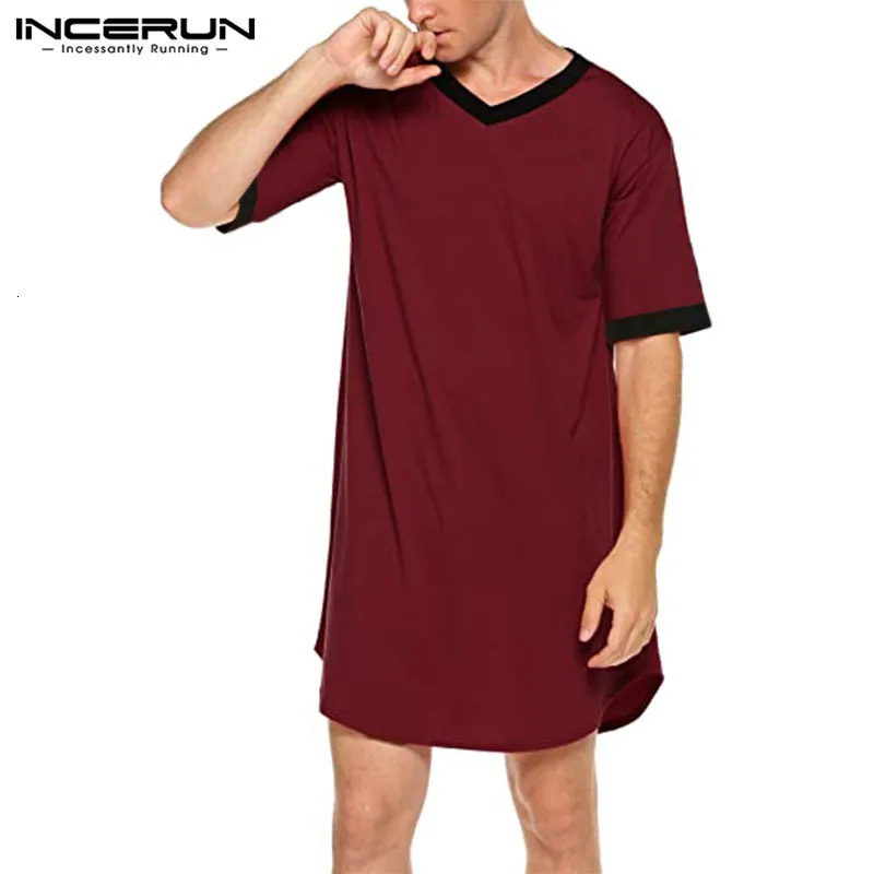 INCERUN Mens Nightgown Fashion Patchwork Solid Sleepwear Short Sleeve Bathroom Loose V-neck Home Wear S-5XL 241023