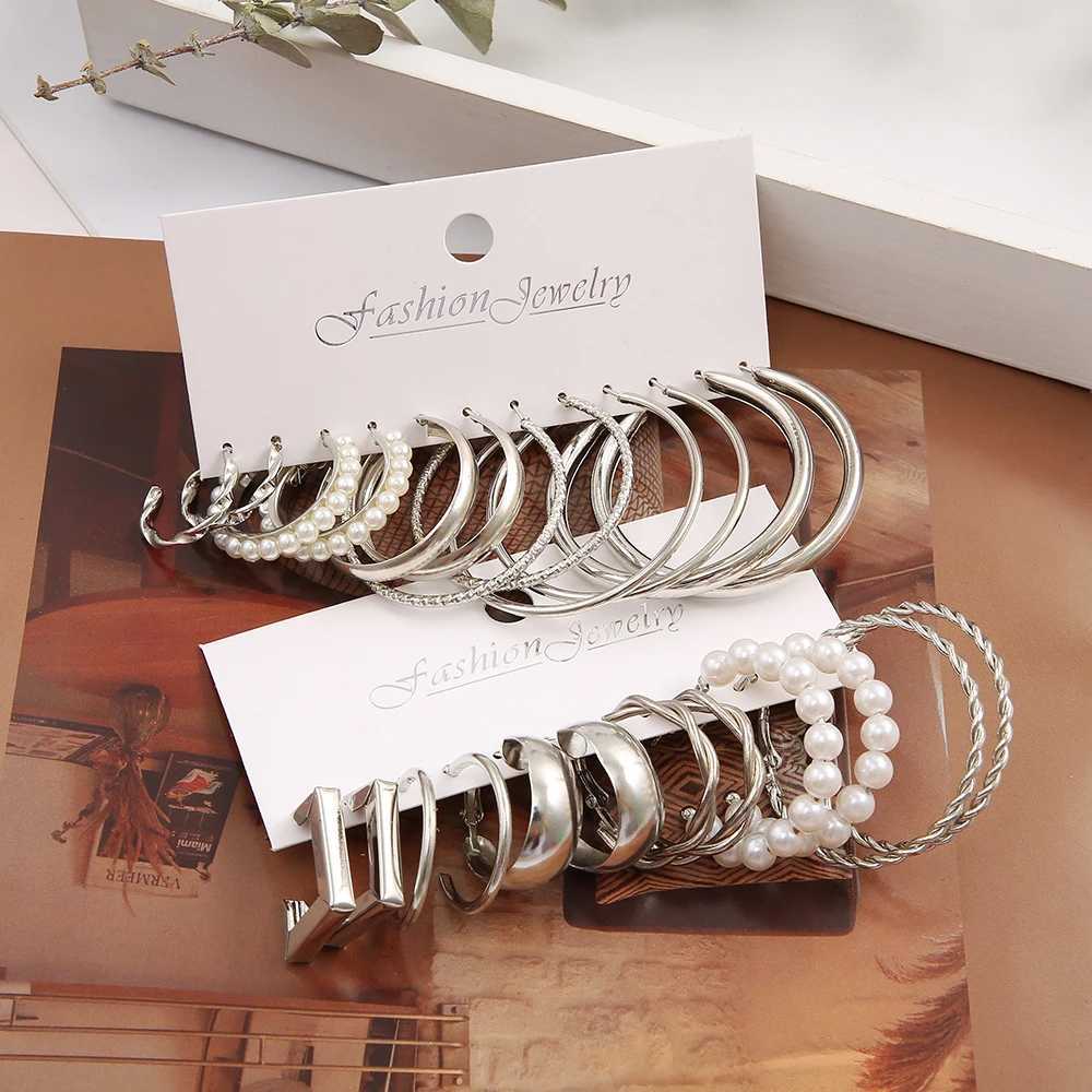 12 pairs of silver vintage pearl earrings suitable for women geometric circular square ring earring set fashionable jewelry Y2K W241023