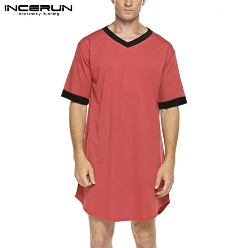 INCERUN Mens Nightgown Fashion Patchwork Solid Sleepwear Short Sleeve Bathroom Loose V-neck Home Wear S-5XL 241023