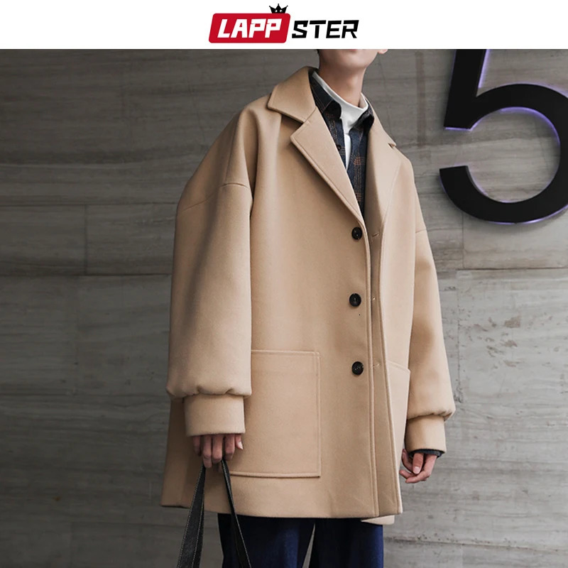 LAPPSTER oversized mens solid Korean winter coat wool coat mens black Harajuku trench coat flannel button jacket and coat 241024