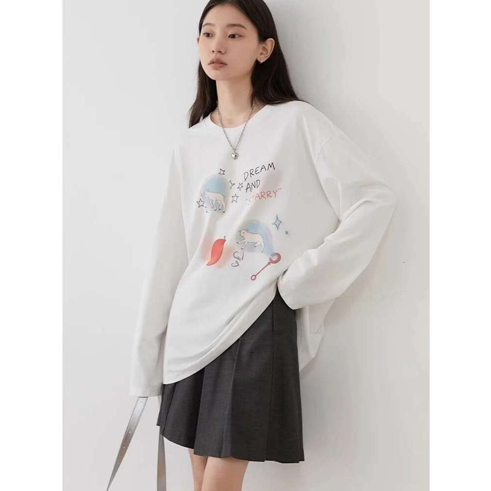 CHIC VEN Women T-Shirts Loose Long Sleeve Cartoon Design Round Neck Lamb Print Female Tees Woman Top Spring Autumn 2024