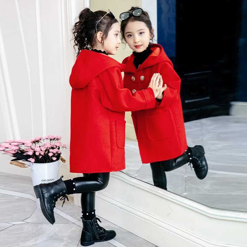 Childrens wool coat autumn and winter girls thick coat student fashion hooded wool coat P357 W241023