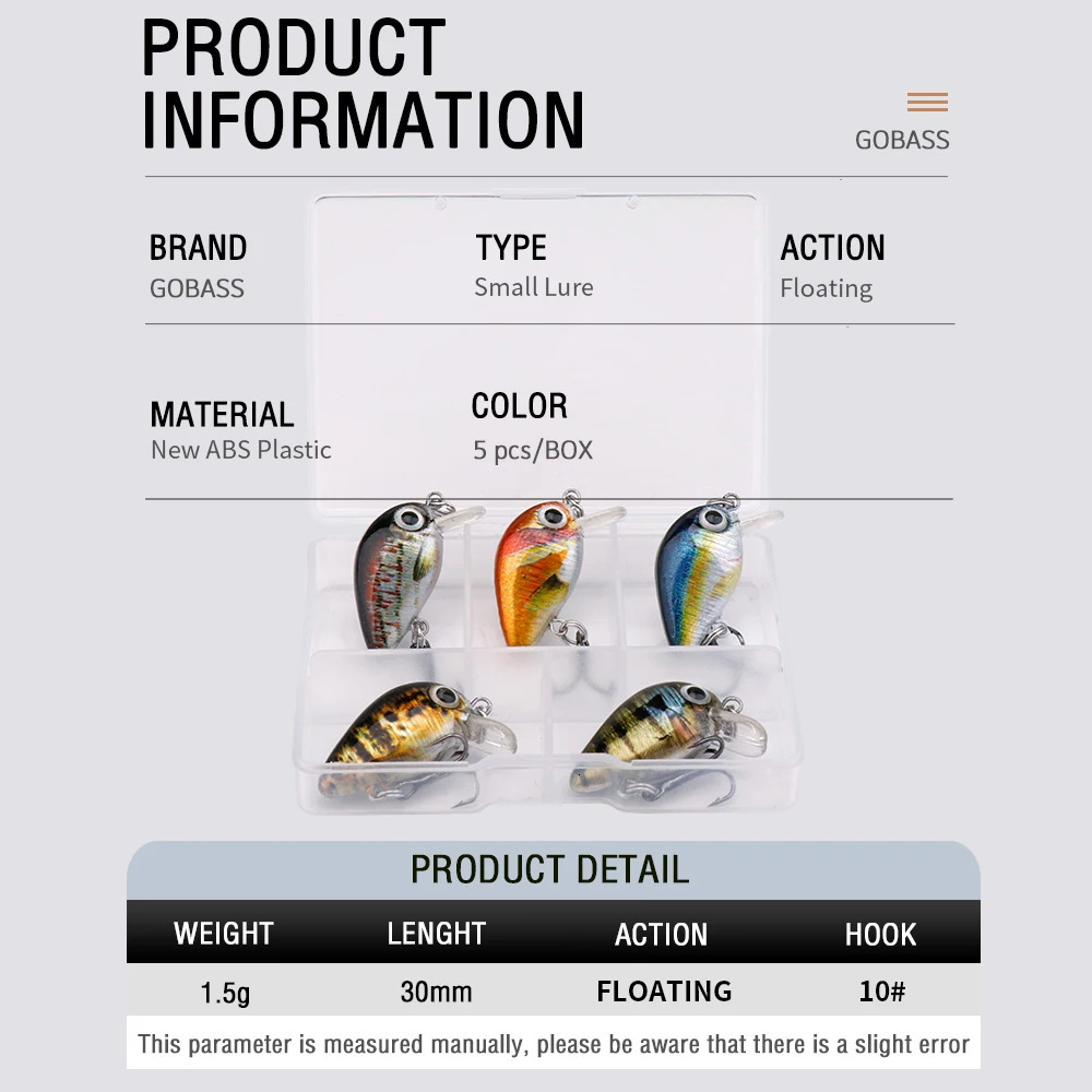 GOBASS 5pcs Mini Fish Bass Fishing Lure Set 3cm 15g Artificial Baits Topwater Crank Wobblers For Pike Crankbaits 241024