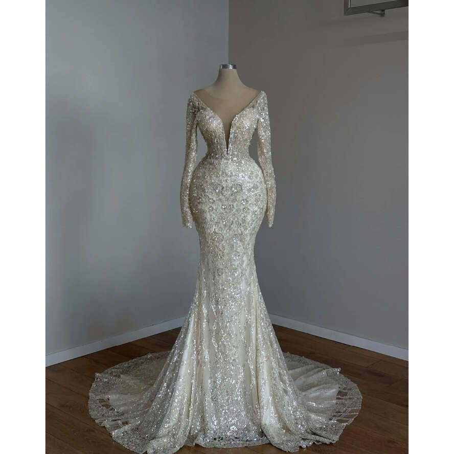 Champagne Chart Light Mermaid Dress Sheer Neck Saudi Arabic Beaded Wedding Dresses Long Sleeves Dubai Bridal Gowns Es
