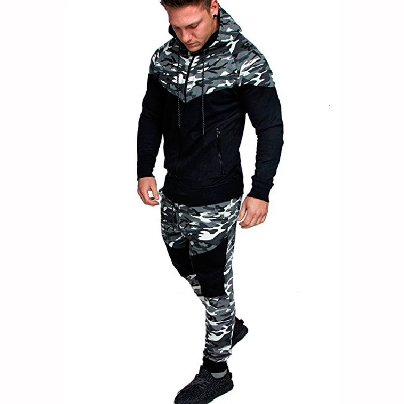 mens track suit hoodie 2-piece set create your camouflage muscle mens autumn and winter tactical sportswear jacket pants 241024