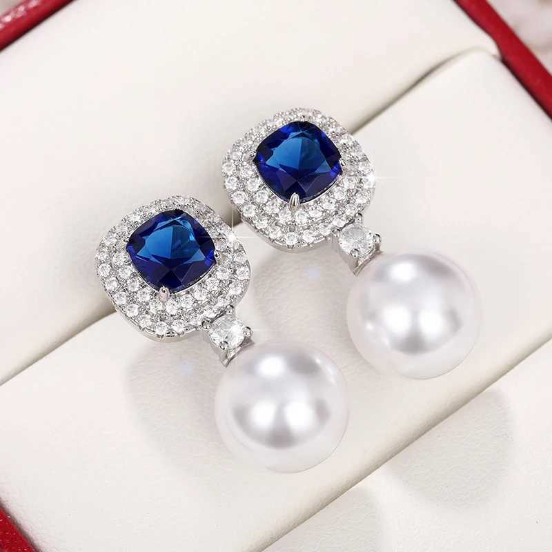Huitan Gorgeous Blue Cubic Zirconia Imitation Pearl Earrings for Womens Engagement Wedding Party Temperature Elegant Earrings W241023