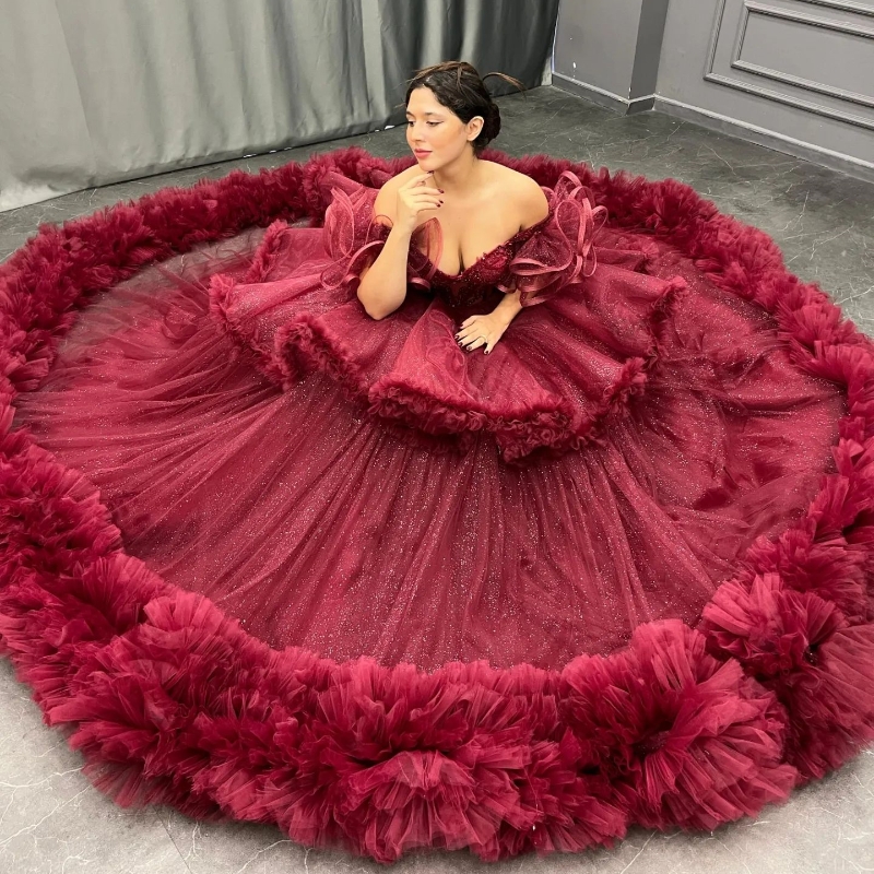 Red Quinceanera Dresses Off The Shoulder Sweet 16 Years Old Party Princess Appliques Lace Beads Crystal Tull Tiered Birthday Party Dress Vestido 15 De