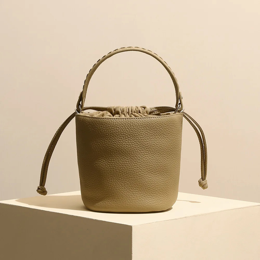 100% Genuine Leather Women Mini Bucket Bags High Quality Female Drawstring Tote Bag Soft Cowhide Simple Shoulder Crossbody 241021