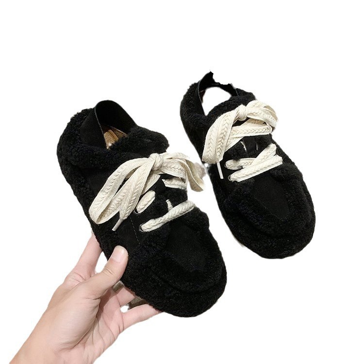 Autumn Winter New Lamb Wool Round Toe Lace Up Casual Flat Cotton Shoes