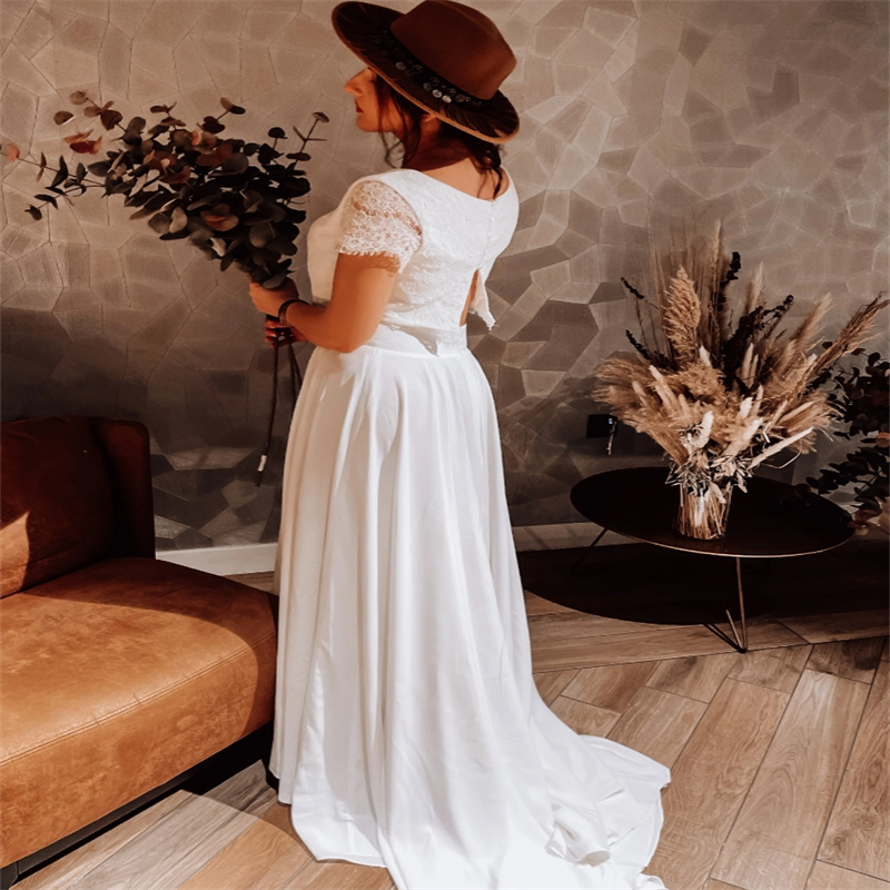 Civil Boho Two Pieces Wedding Dresses 2025 Short Sleeve Lace Chiffon Beach Bride Dress Plus Size Bohemian Country Rustic Bridal Country Vestio De Novi